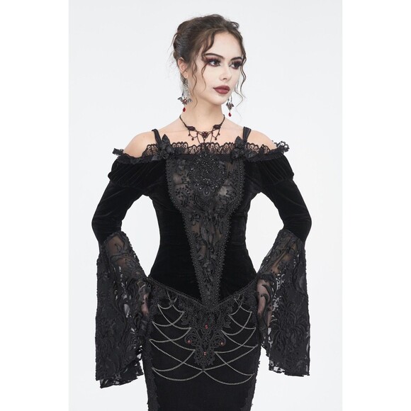 Devil Fashion Gothic Victorian Vampire Black Velvet Beaded Rose & Lace Top XXL - Picture 14 of 16